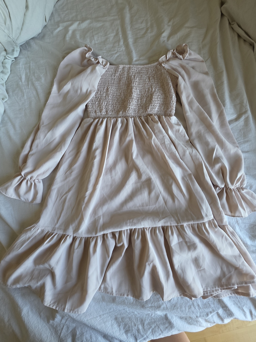 Cream Long-Sleeve Smocked Bodice Dress - Unknown Brand